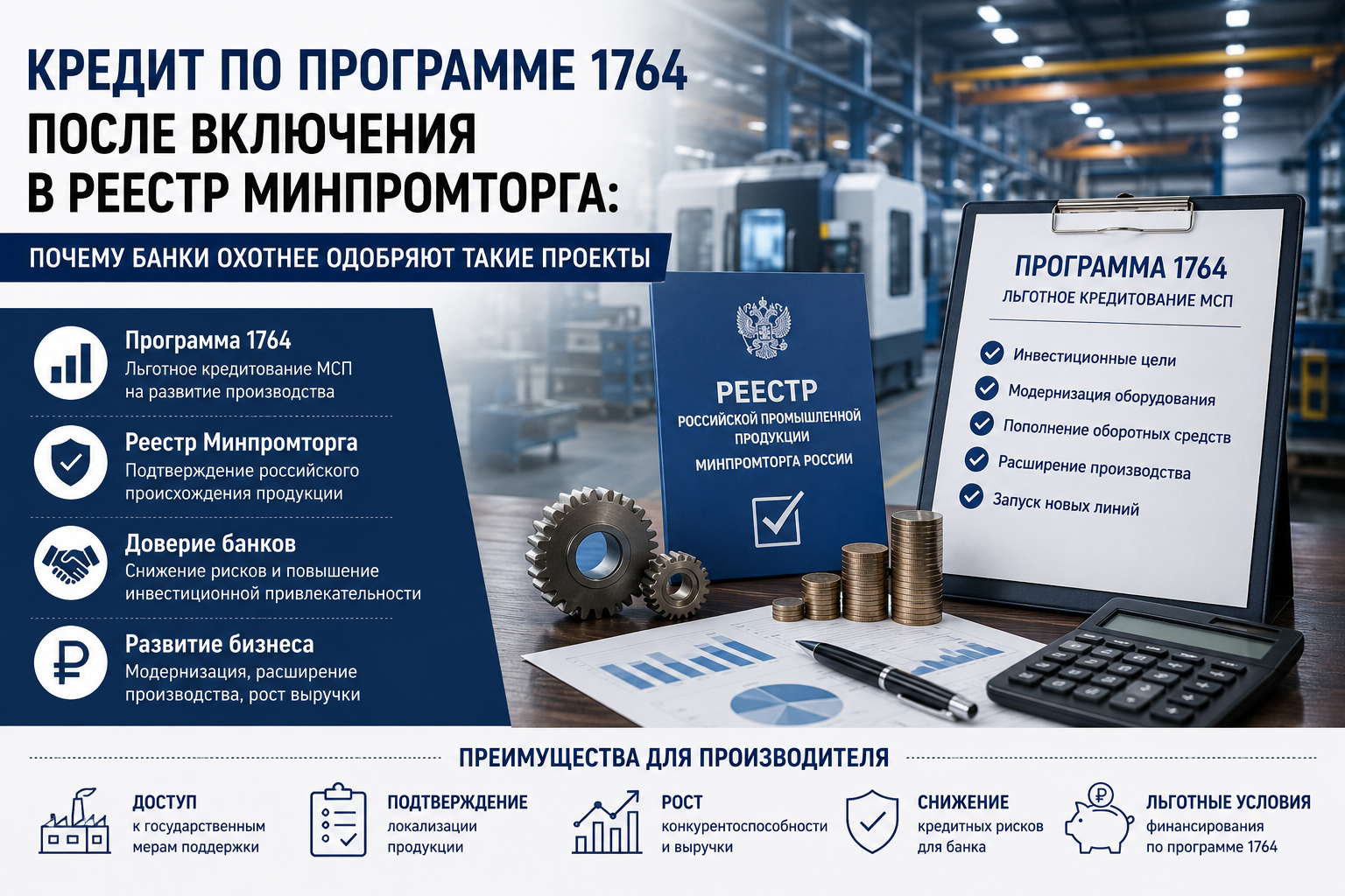 Кредит по программе 1764 после включения в реестр Минпромторга: почему банки охотнее одобряют такие проекты