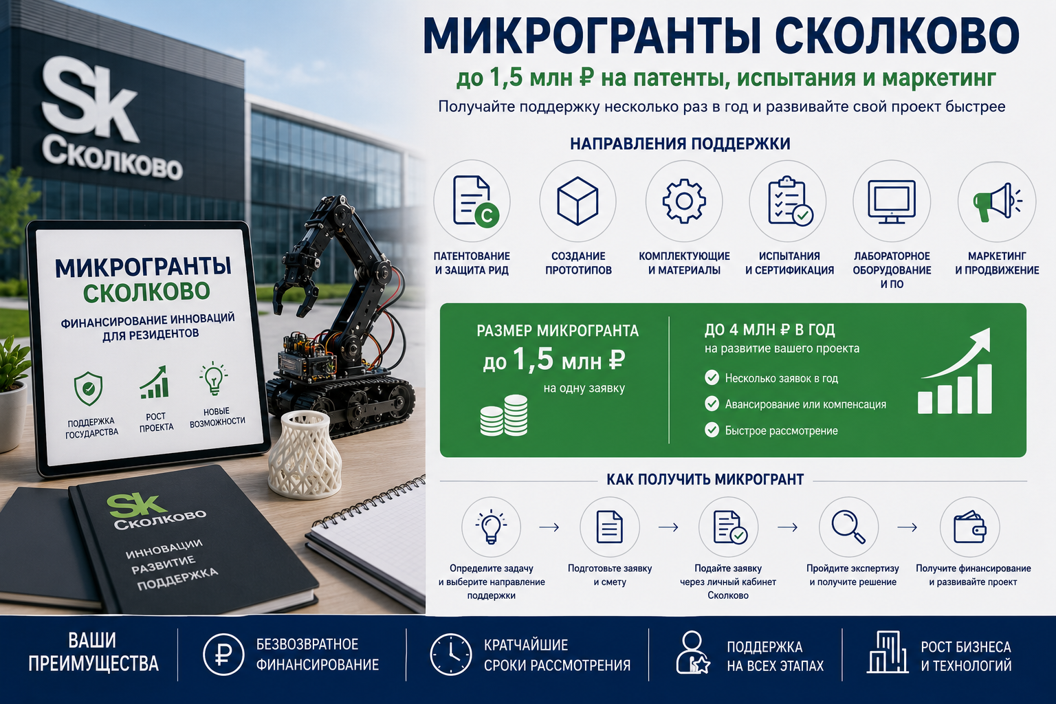Микрогранты Сколково: до 1,5 млн рублей на патенты, испытания и маркетинг — как резиденту получать их регулярно
