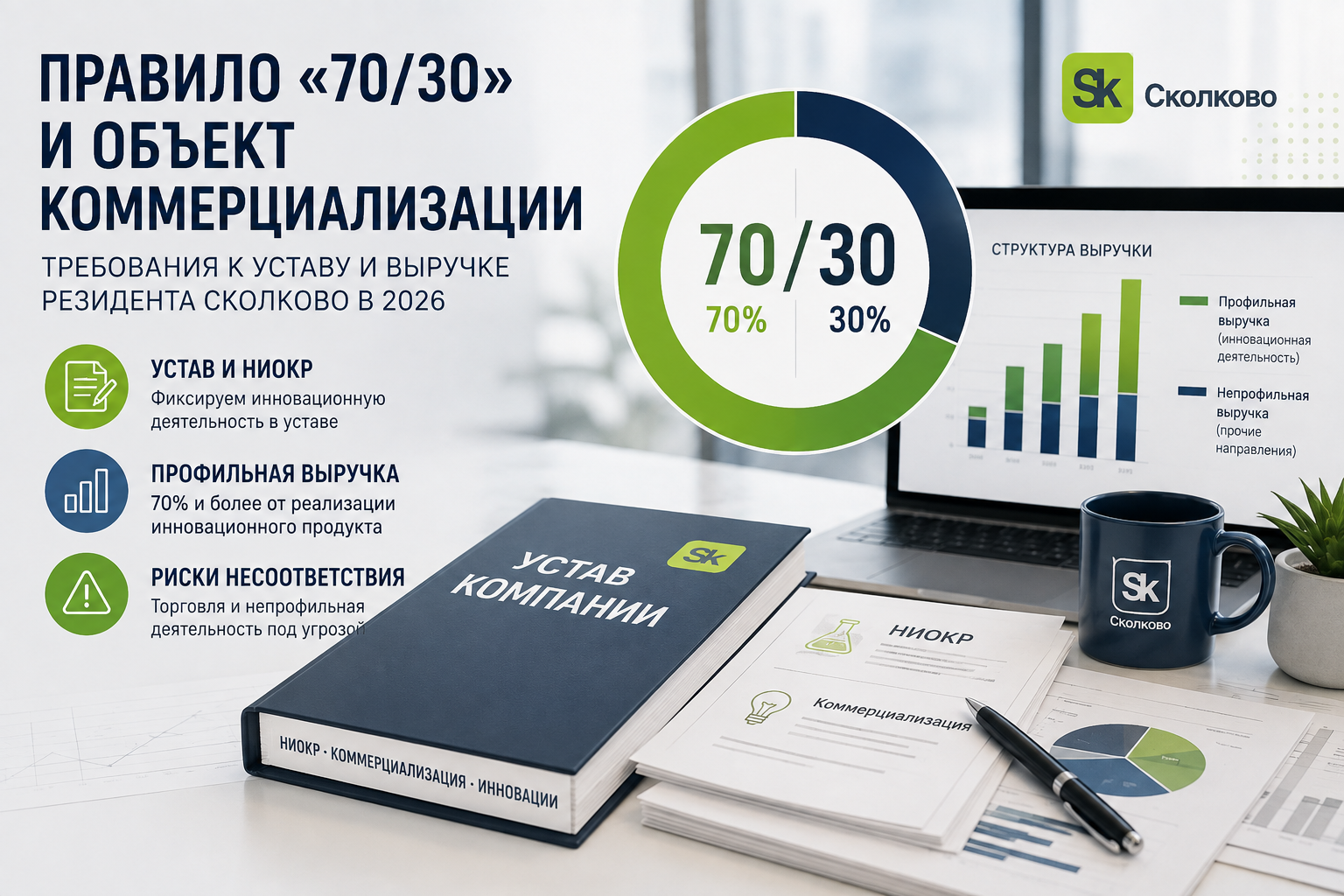 Правило «70/30» и объект коммерциализации: новые требования к уставу и выручке резидента Сколково в 2026